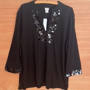 NWT CHICOS black macro sequin v-neck tunic top size 4 XXL holiday lightweight